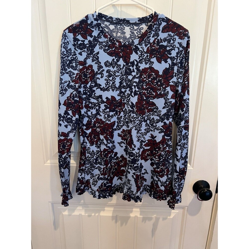 Coolibar UPF 50+ Floral Long Sleeve Sun Protection Top Blue Red Ruffle Hem S